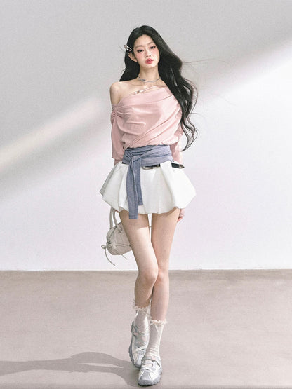 AOMALM's "Sweet and Soft" Korean Style Long-Sleeved Off-Shoulder Sexy T-Shirt for Women, Short Design Top for Summer