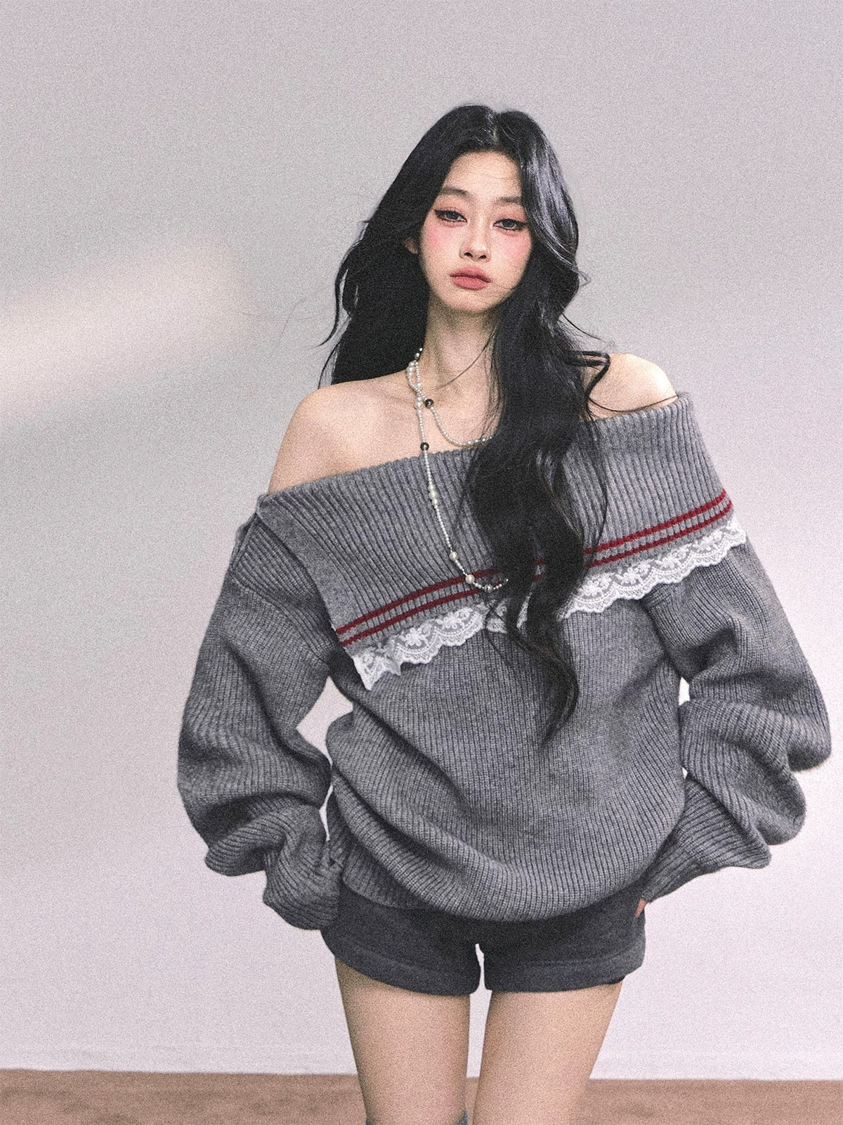AOMALM's "British Chic" American College Lace Off-Shoulder Sweater for Women, Loose Knit Top for Winter