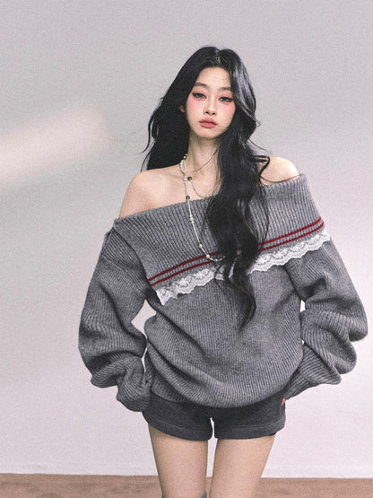 AOMALM's "British Chic" American College Lace Off-Shoulder Sweater for Women, Loose Knit Top for Winter