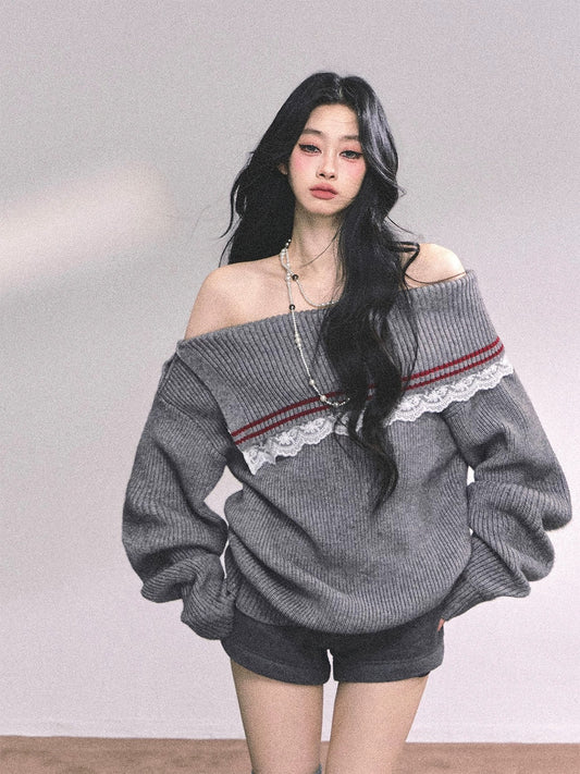 AOMALM's "British Chic" American College Lace Off-Shoulder Sweater for Women, Loose Knit Top for Winter