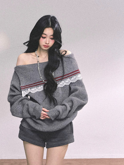 AOMALM's "British Chic" American College Lace Off-Shoulder Sweater for Women, Loose Knit Top for Winter
