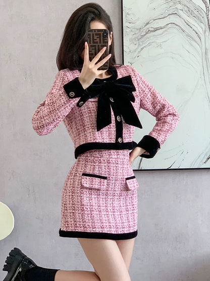 A complete set of tea-style outfits for autumn and winter. French rich daughter, high-end, small fragrance style pink plaid two-piece suit skirt