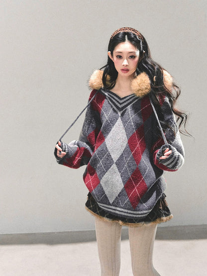 AOMALM's "Winter's Lingering Warmth" American College Style Fur Collar Sweater for Women, Loose-fitting Diamond Pattern Top