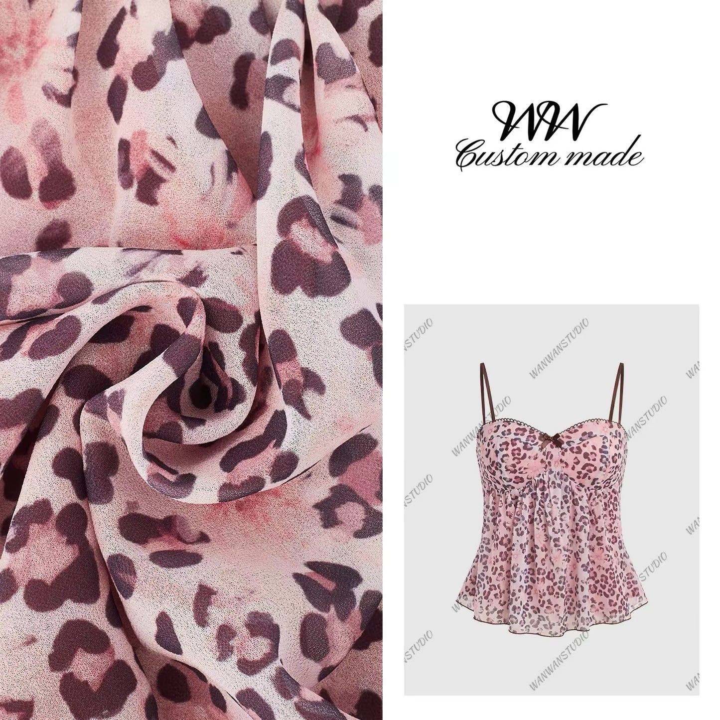 WW Original: A sexy two-piece set featuring a pink-toned, retro-style leopard print camisole and a high-waisted, brown, form-fitting mini skirt.