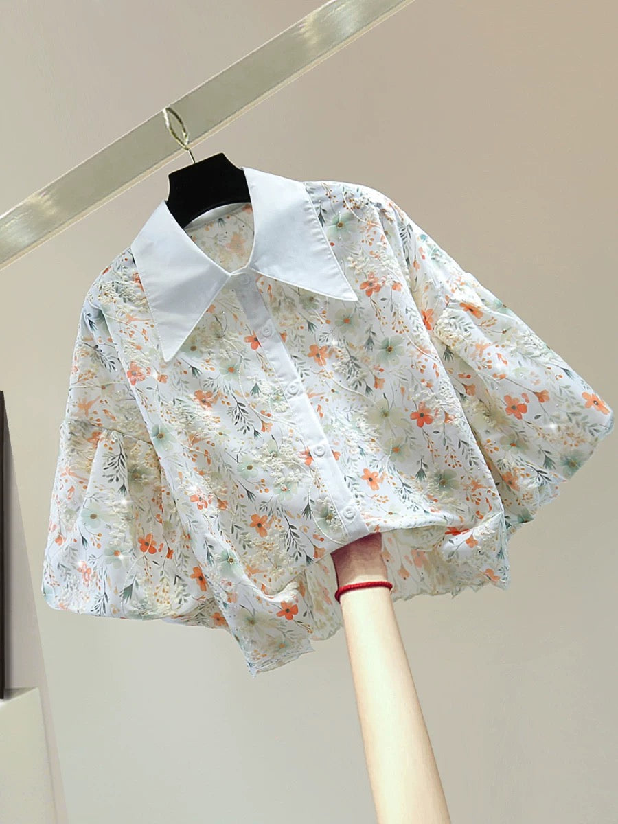 Hot diamond embroidery puff sleeve cotton and linen shirt 2025 summer Korean version of slim high waist short printed straight shirt trend