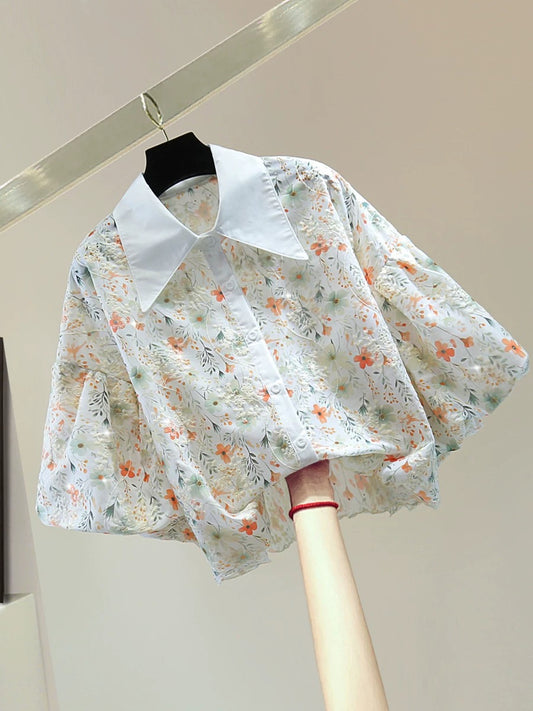 Hot diamond embroidery puff sleeve cotton and linen shirt 2025 summer Korean version of slim high waist short printed straight shirt trend