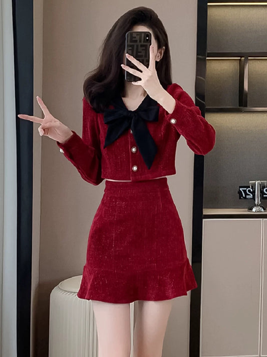 2024 Autumn and Winter New Xiaoxiangfeng Red Velvet Dress Women's Autumn Bridesmaid Return Wear High-end Suit Skirt