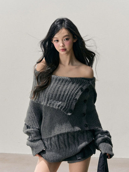 AOMALM's "Sober Fall" - Off-the-Shoulder Korean Style Knitted Sweater Women's Winter Slimming Two-Piece Set