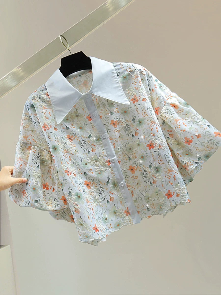 Hot diamond embroidery puff sleeve cotton and linen shirt 2025 summer Korean version of slim high waist short printed straight shirt trend