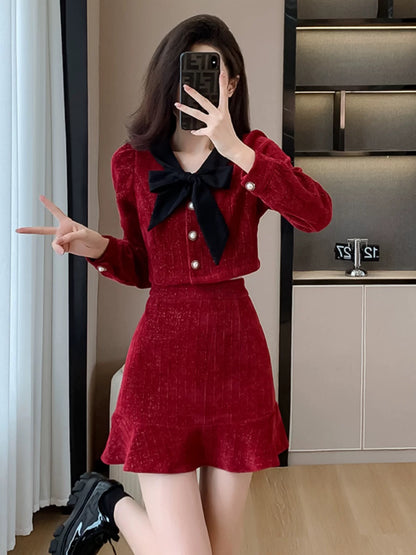 2024 Autumn and Winter New Xiaoxiangfeng Red Velvet Dress Women's Autumn Bridesmaid Return Wear High-end Suit Skirt