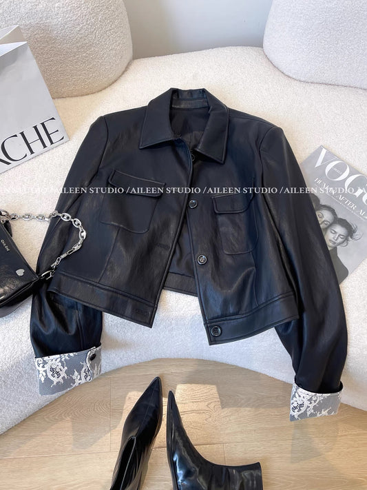 Black lace leather jacket women's short 2025 autumn new style casual versatile small leather jacket top trend
