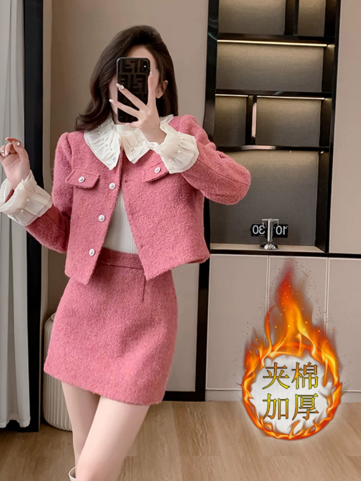 Stand-up collar, lace pearl collar, high-end woolen coat, A-line skirt, small fragrance suit, women's winter slimming two-piece suit