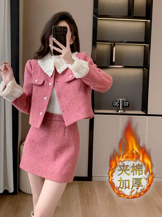 Stand-up collar, lace pearl collar, high-end woolen coat, A-line skirt, small fragrance suit, women's winter slimming two-piece suit