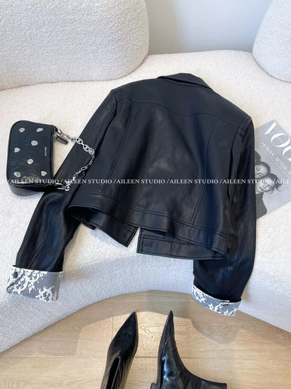 Black lace leather jacket women's short 2025 autumn new style casual versatile small leather jacket top trend