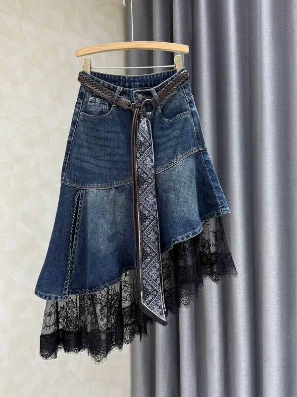 Unique design, patchwork lace denim midi skirt, new spring/autumn style, irregular pattern, elegant and fashionable midi skirt.