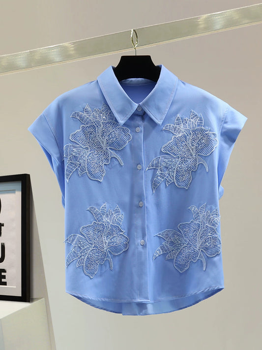Heavy embroidery beaded sequined straight shirt 2025 summer Korean version loose slim solid color flying sleeve shirt trend