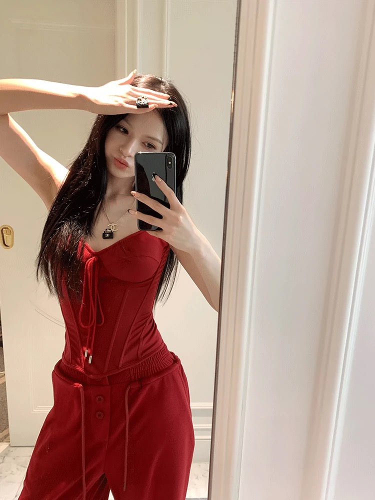 Lienni 2024 new autumn bra short versatile top women's knitted high-waist loose slim trousers suit