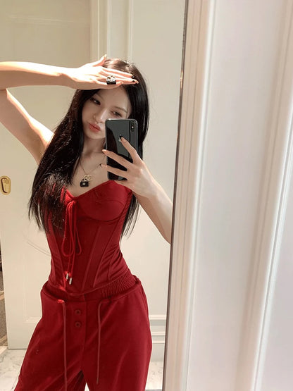 Lienni 2024 new autumn bra short versatile top women's knitted high-waist loose slim trousers suit