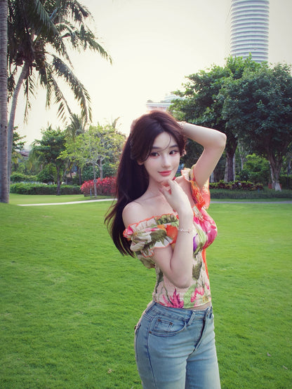 WW Original "Sicilian Garden" French-style off-shoulder floral short-sleeve blouse—a sexy, innocent-yet-alluring summer top for women.
