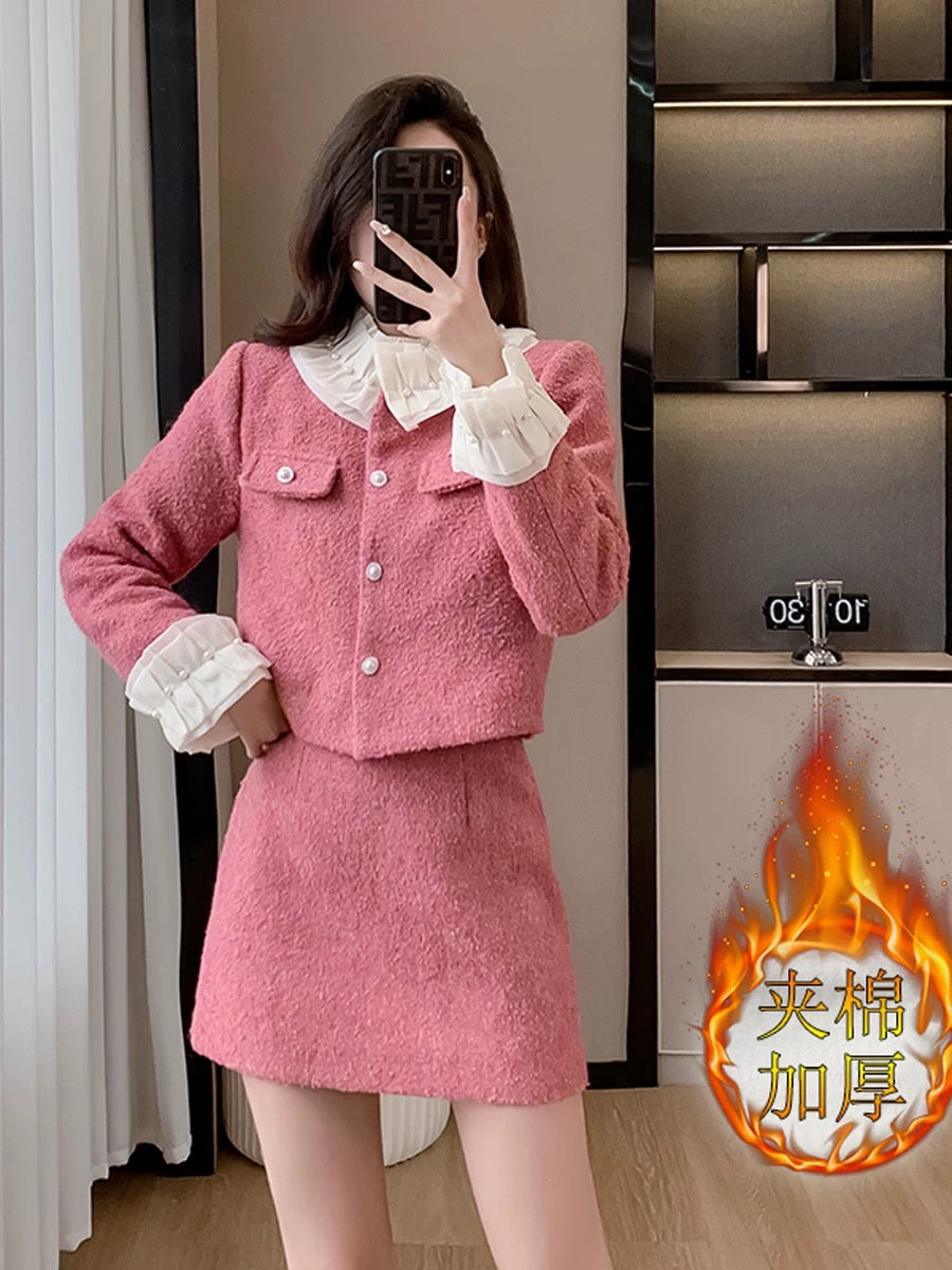Stand-up collar, lace pearl collar, high-end woolen coat, A-line skirt, small fragrance suit, women's winter slimming two-piece suit