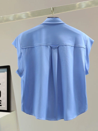 Heavy embroidery beaded sequined straight shirt 2025 summer Korean version loose slim solid color flying sleeve shirt trend