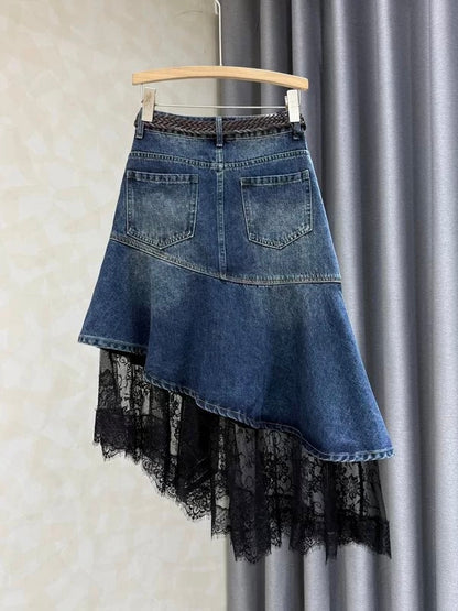 Unique design, patchwork lace denim midi skirt, new spring/autumn style, irregular pattern, elegant and fashionable midi skirt.