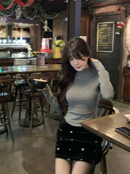 Pleasurable gray long-sleeved half-turtle collar bottoming shirt for women autumn and winter new high-end slim sexy inner top