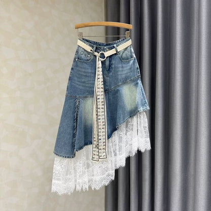 Unique design, patchwork lace denim midi skirt, new spring/autumn style, irregular pattern, elegant and fashionable midi skirt.