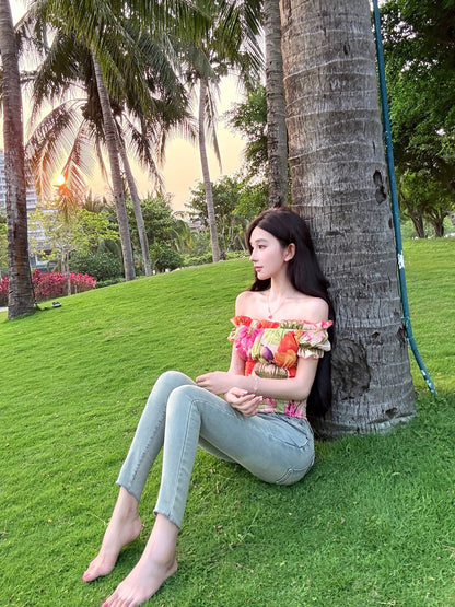 WW Original "Sicilian Garden" French-style off-shoulder floral short-sleeve blouse—a sexy, innocent-yet-alluring summer top for women.