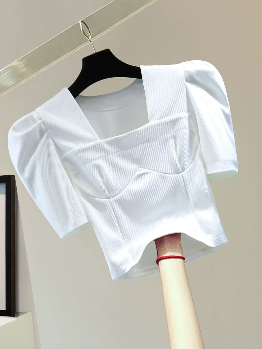 Small square collar bubble short sleeve top 2025 summer Korean version slim high waist short solid color casual versatile T-shirt