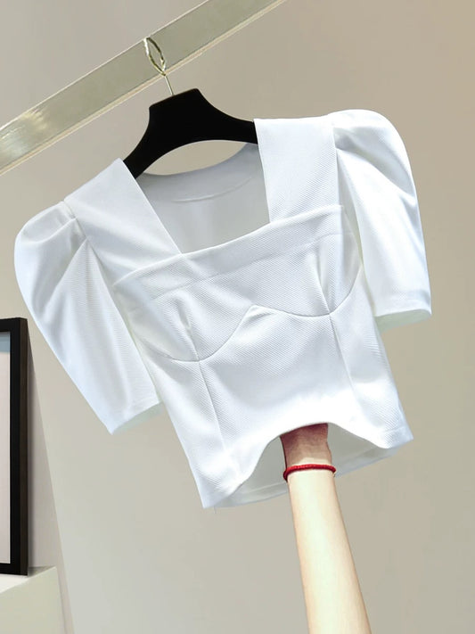 Small square collar bubble short sleeve top 2025 summer Korean version slim high waist short solid color casual versatile T-shirt