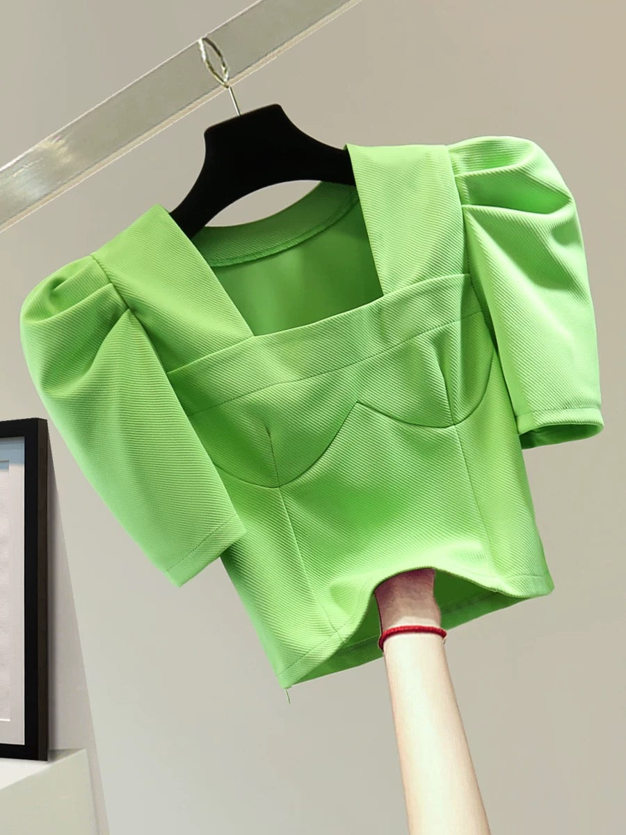 Small square collar bubble short sleeve top 2025 summer Korean version slim high waist short solid color casual versatile T-shirt