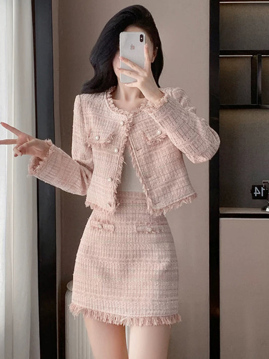 Pink fragrant style suit skirt autumn high-end temperament high-end slimming lady jacket high-waisted skirt two-piece set