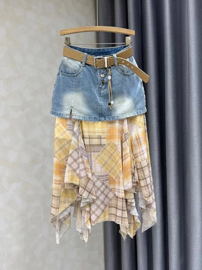 2026 Summer New Style Women's Retro Patchwork High-Waisted Fashionable and Versatile Bodycon Long Skirt