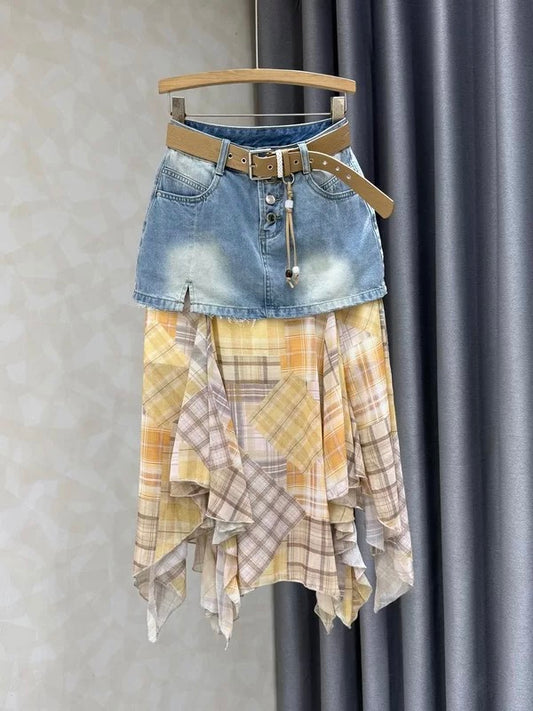 2026 Summer New Style Women's Retro Patchwork High-Waisted Fashionable and Versatile Bodycon Long Skirt