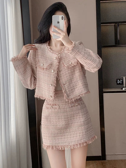 Pink fragrant style suit skirt autumn high-end temperament high-end slimming lady jacket high-waisted skirt two-piece set