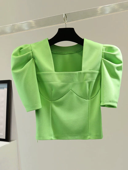 Small square collar bubble short sleeve top 2025 summer Korean version slim high waist short solid color casual versatile T-shirt