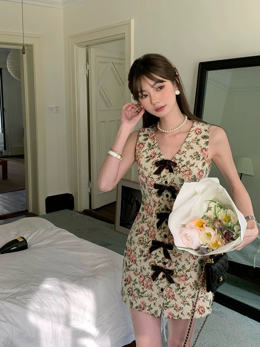 IMMR apricot advanced jacquard waist bow dress summer new women's floral sleeveless holiday vest dress
