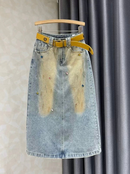 Retro-style high-waisted durable denim midi skirt with slits, new summer 2026 style, handmade rhinestone A-line maxi skirt, Instagram style.