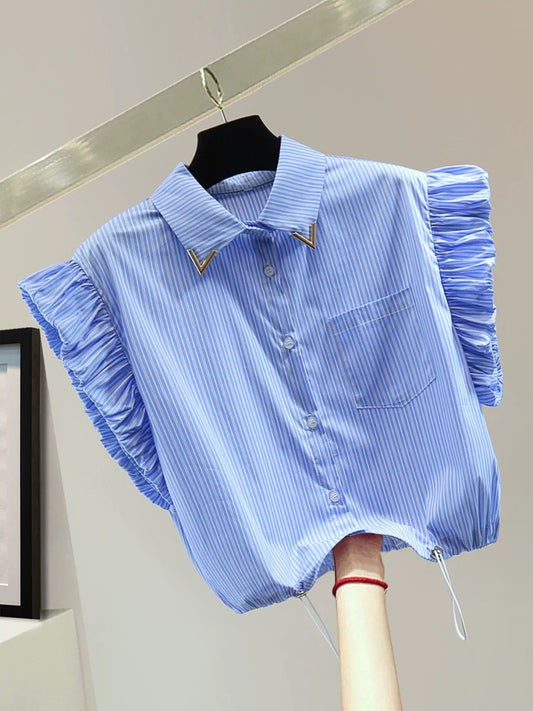 Small drawstring waist short-sleeved shirt 2025 summer Korean version of slim high waist short striped flying sleeve shirt