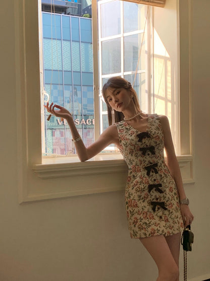 IMMR apricot advanced jacquard waist bow dress summer new women's floral sleeveless holiday vest dress