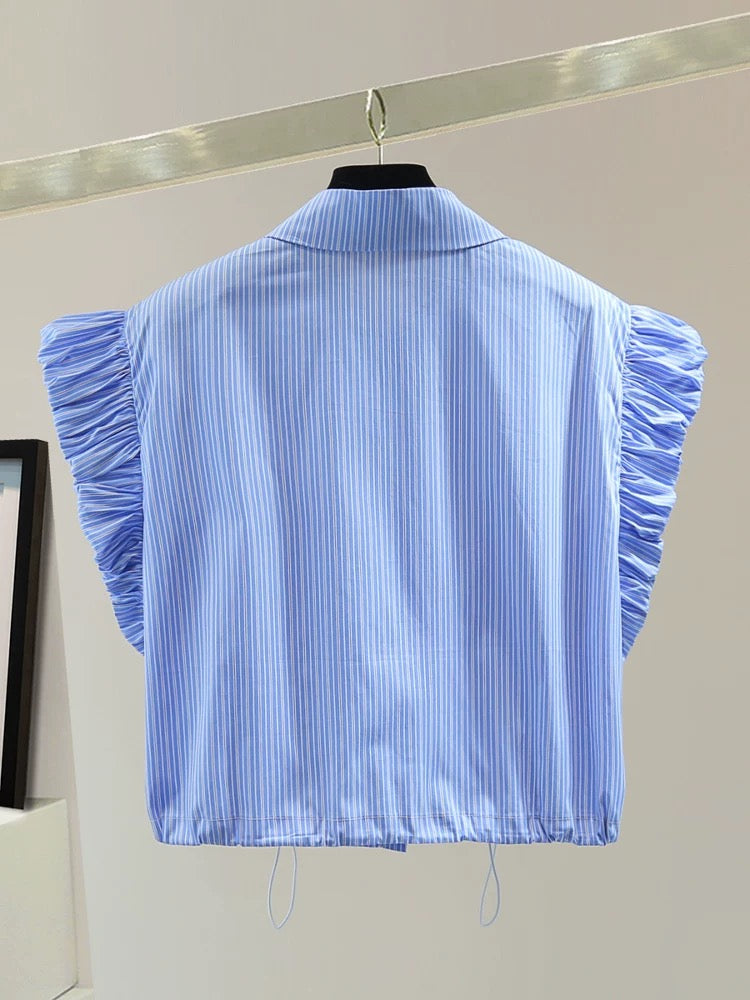 Small drawstring waist short-sleeved shirt 2025 summer Korean version of slim high waist short striped flying sleeve shirt