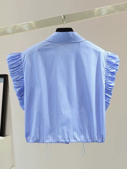 Small drawstring waist short-sleeved shirt 2025 summer Korean version of slim high waist short striped flying sleeve shirt