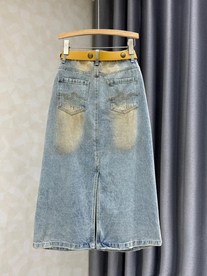 Retro-style high-waisted durable denim midi skirt with slits, new summer 2026 style, handmade rhinestone A-line maxi skirt, Instagram style.