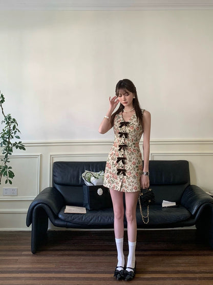 IMMR apricot advanced jacquard waist bow dress summer new women's floral sleeveless holiday vest dress