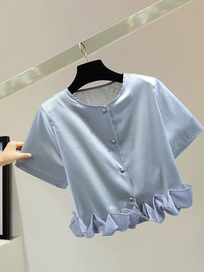 Heavy petal chiffon stitching short-sleeved shirt 2025 summer Korean version high waist short bright solid color thin jacket trend