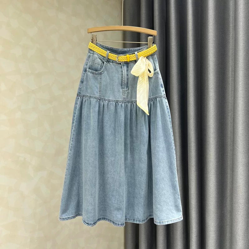 2026 Spring/Summer New Casual and Elegant Denim Midi Skirt for Women, High-Waisted, Retro, Slimming A-Line Maxi Skirt