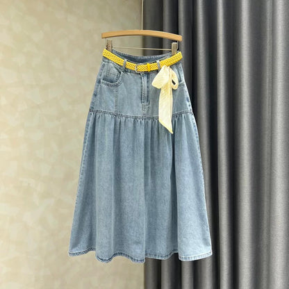 2026 Spring/Summer New Casual and Elegant Denim Midi Skirt for Women, High-Waisted, Retro, Slimming A-Line Maxi Skirt