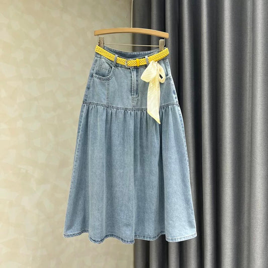 2026 Spring/Summer New Casual and Elegant Denim Midi Skirt for Women, High-Waisted, Retro, Slimming A-Line Maxi Skirt