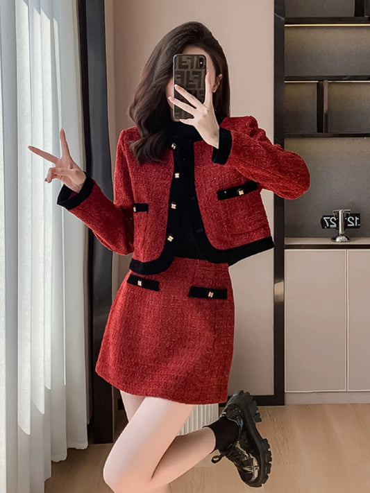 French red small fragrance suit for women autumn and winter 2024 new model light luxury bow skirt two-piece set